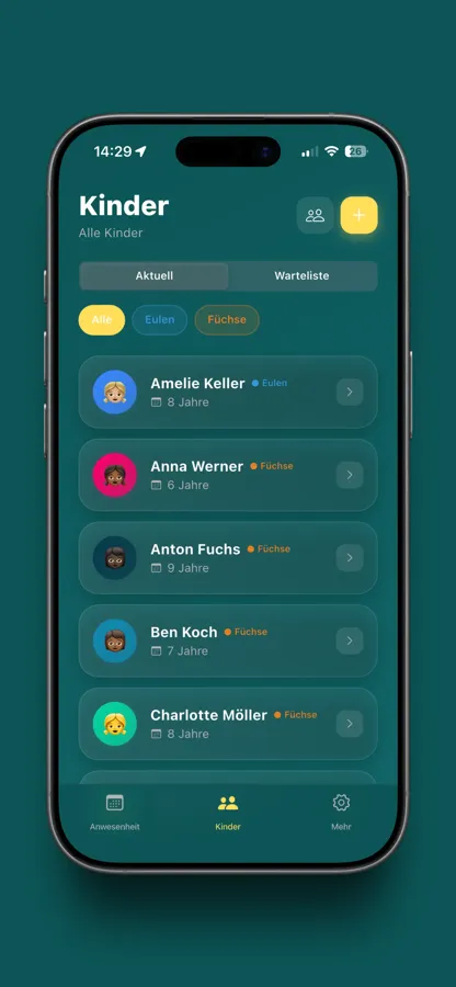 Anwesenheitsliste mit Statusanzeige pro Kind