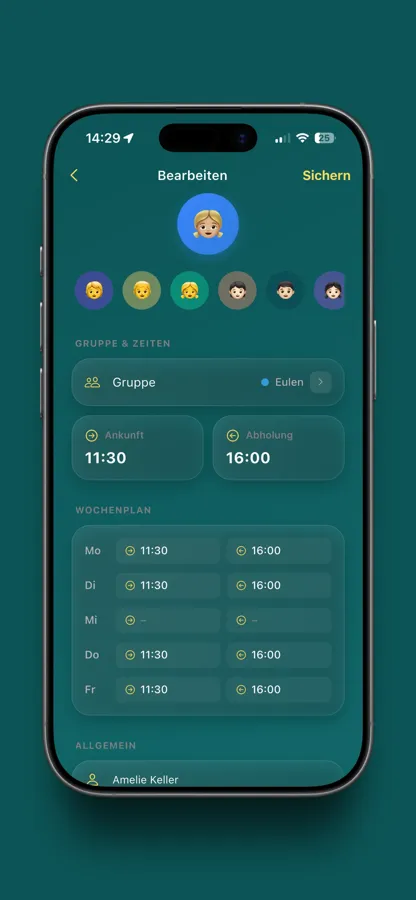 Kinderprofil mit Abholzeiten und Berechtigungen